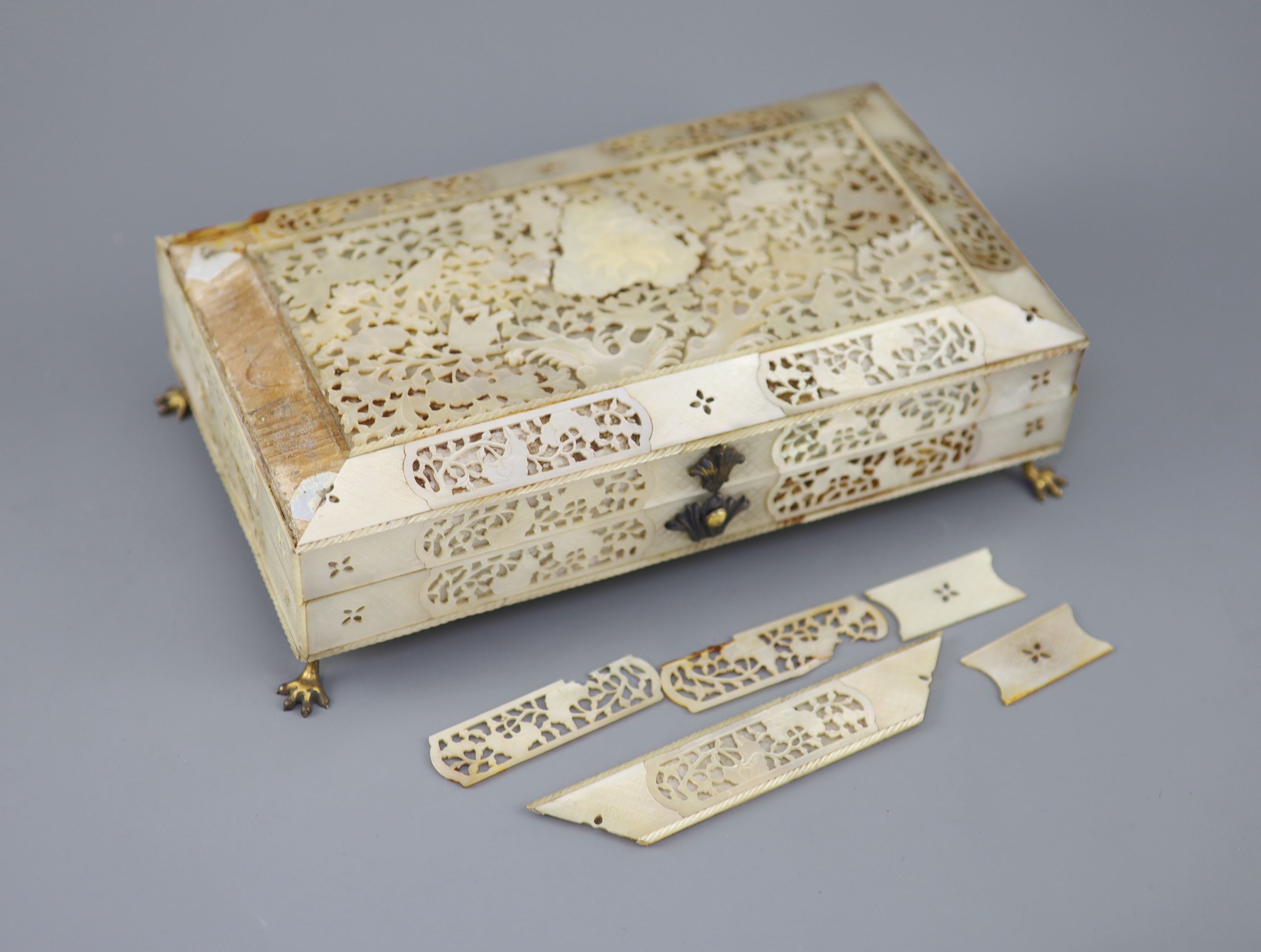 A Cantonese mother of pearl gaming box, mid 19th century, 27cm wide, sections detached